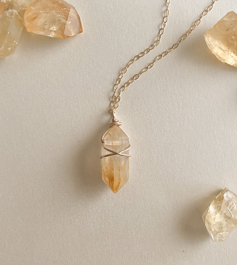Raw Citrine Crystal Necklace Pendant / Bohemian Necklace Yellow Stone  Jewelry