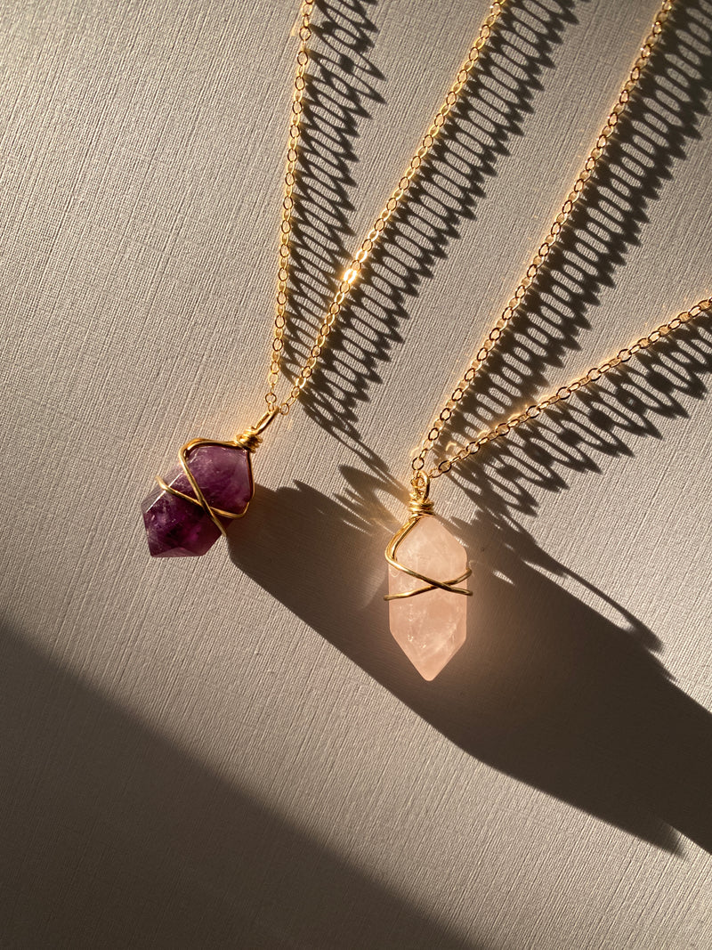 Natural Crystal Necklace in Gold - Amethyst